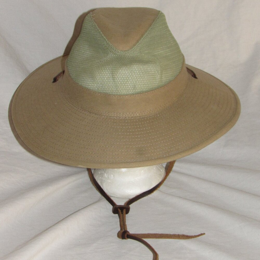 Vintage Rainforest Cafe Souvenir Safari Hat Khaki Wide Brim Vented Leather Strap